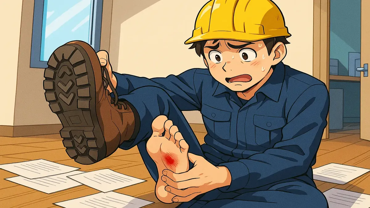 Anime illustration of a worker navigating construction site hazards, emphasizing safety and attention to detail.
