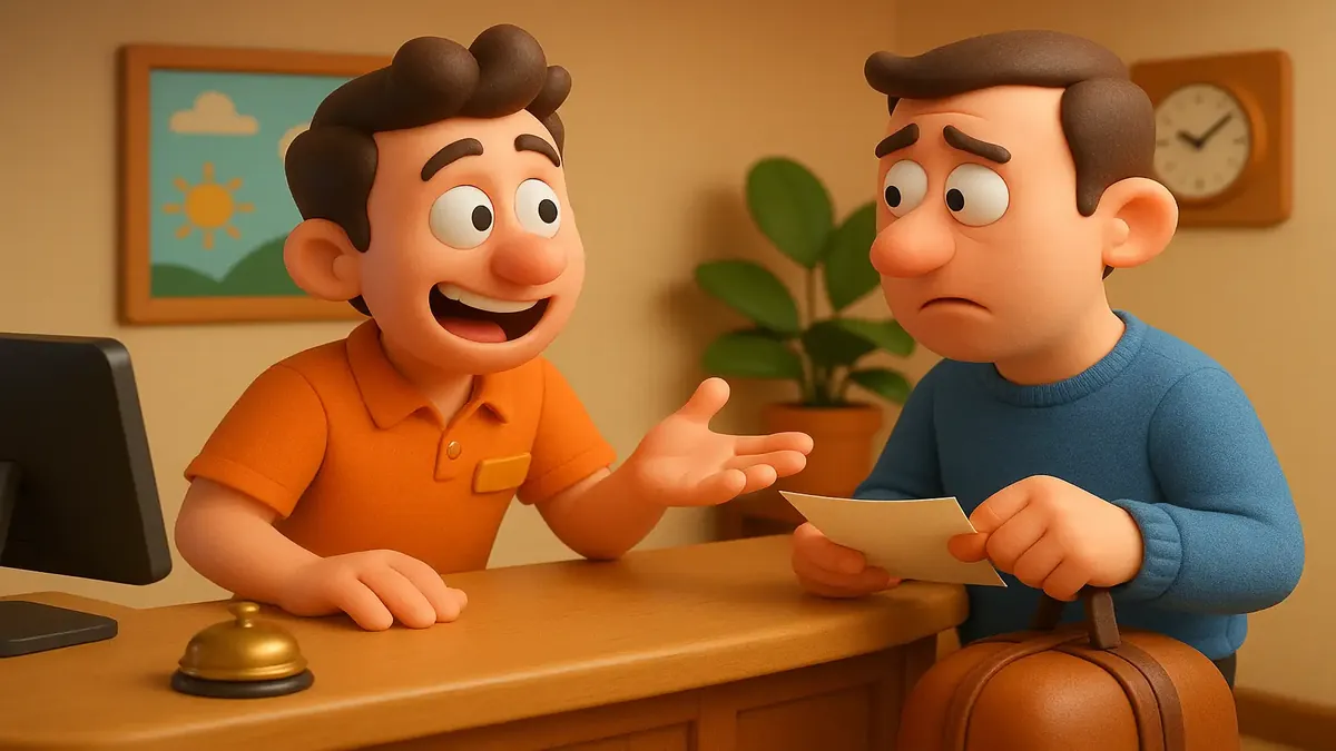 Cartoon-3D illustration of a hotel receptionist checking in a guest with two reservations.