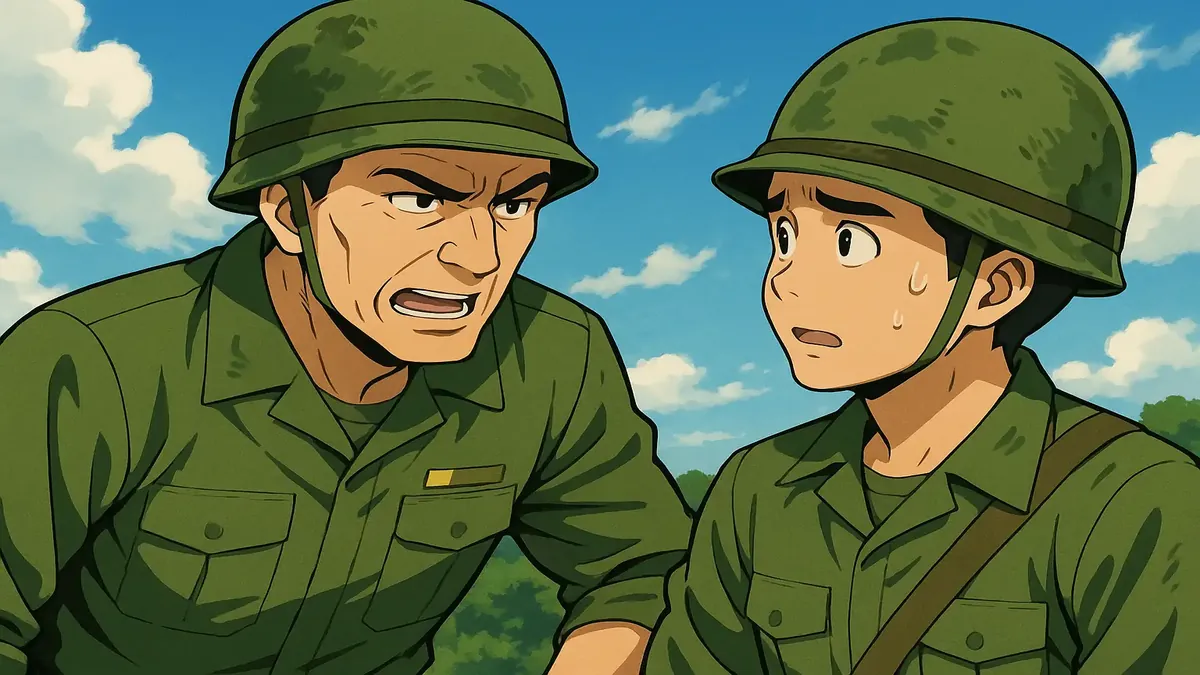 Anime-style illustration of a Vietnam War veteran speaking with a draftee about combat and Buddhist beliefs.
