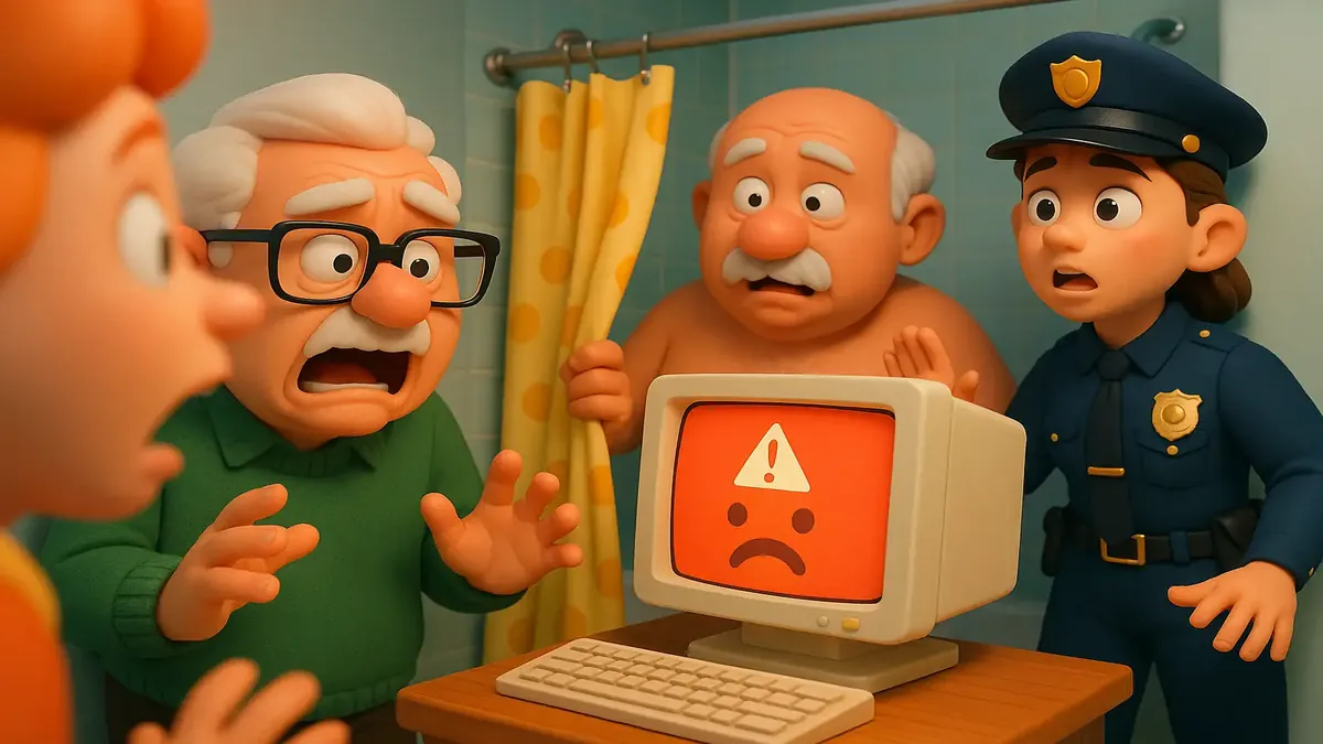 Cartoon-style illustration of a chaotic hotel check-in with guests and confused staff at a reception desk.