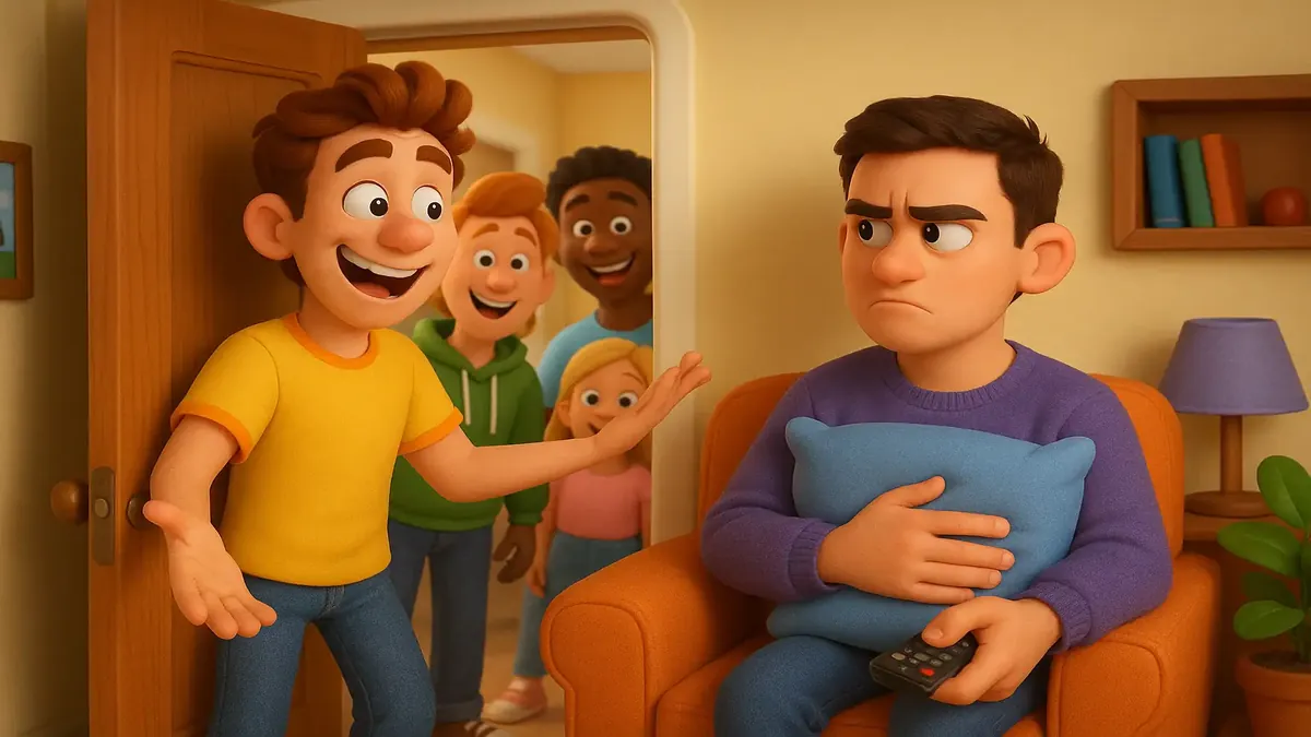 Cartoon-3D illustration of a frustrated roommate dealing with unexpected visitors at home.