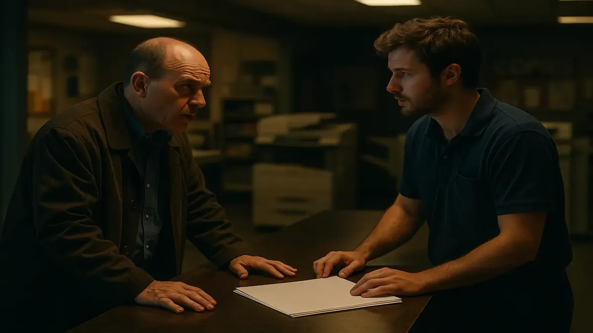 Cinematic scene depicting a print shop with employees casually dressed, highlighting customer service quirks.