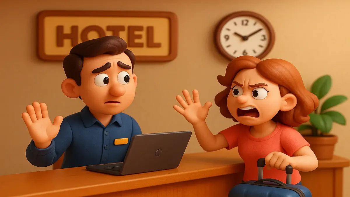 Cartoon-3D illustration of a hotel night audit desk with a frustrated guest trying to check in late at night.