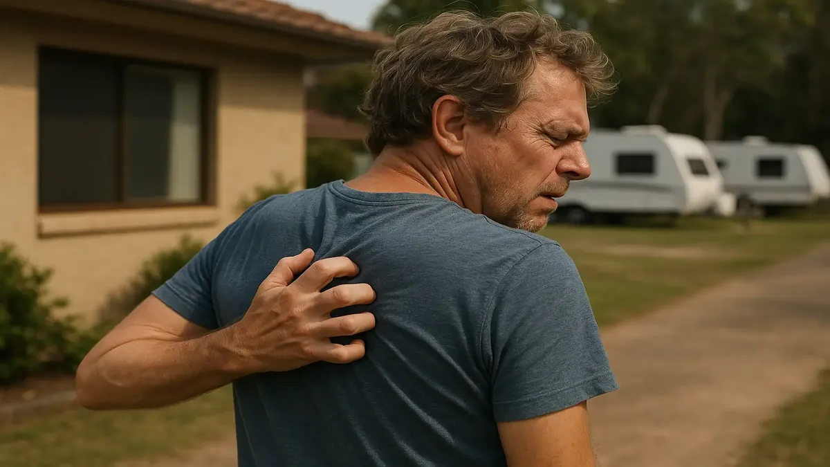 Beachside apartments near a caravan park, capturing the serene coastal lifestyle in a quiet town.