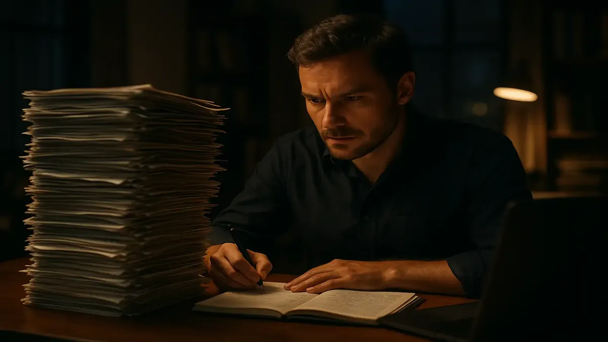 Team discussing project documentation with stacks of papers in a cinematic office setting.