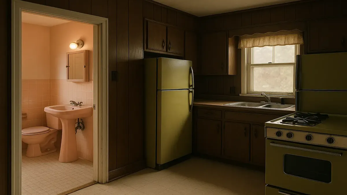 Photorealistic image of a dated house interior with pink bathrooms and dark wood paneling reflecting the nineties style.