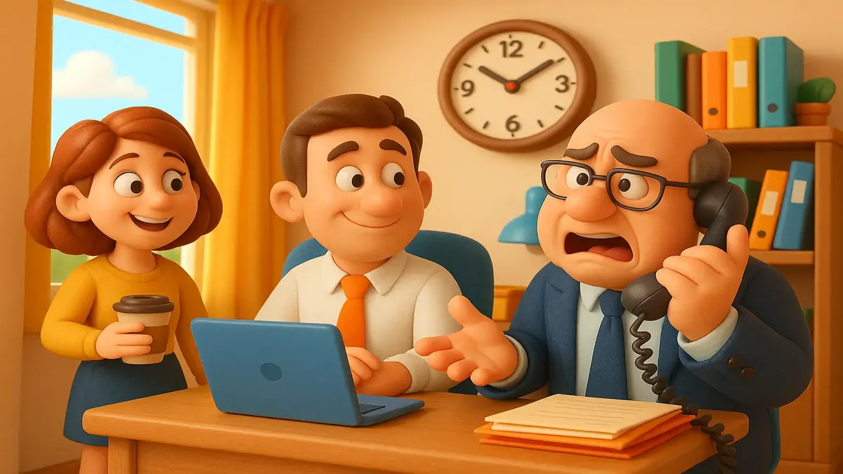Cartoon-3D illustration of frustrated employees working 8am-5pm while clients on the West Coast await responses.