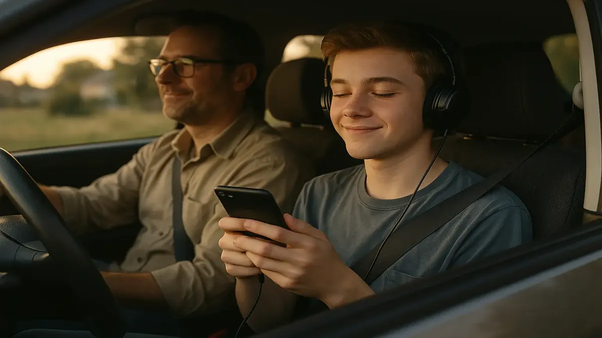 A nostalgic car scene with a child choosing one song while a parent plays music, capturing childhood memories.
