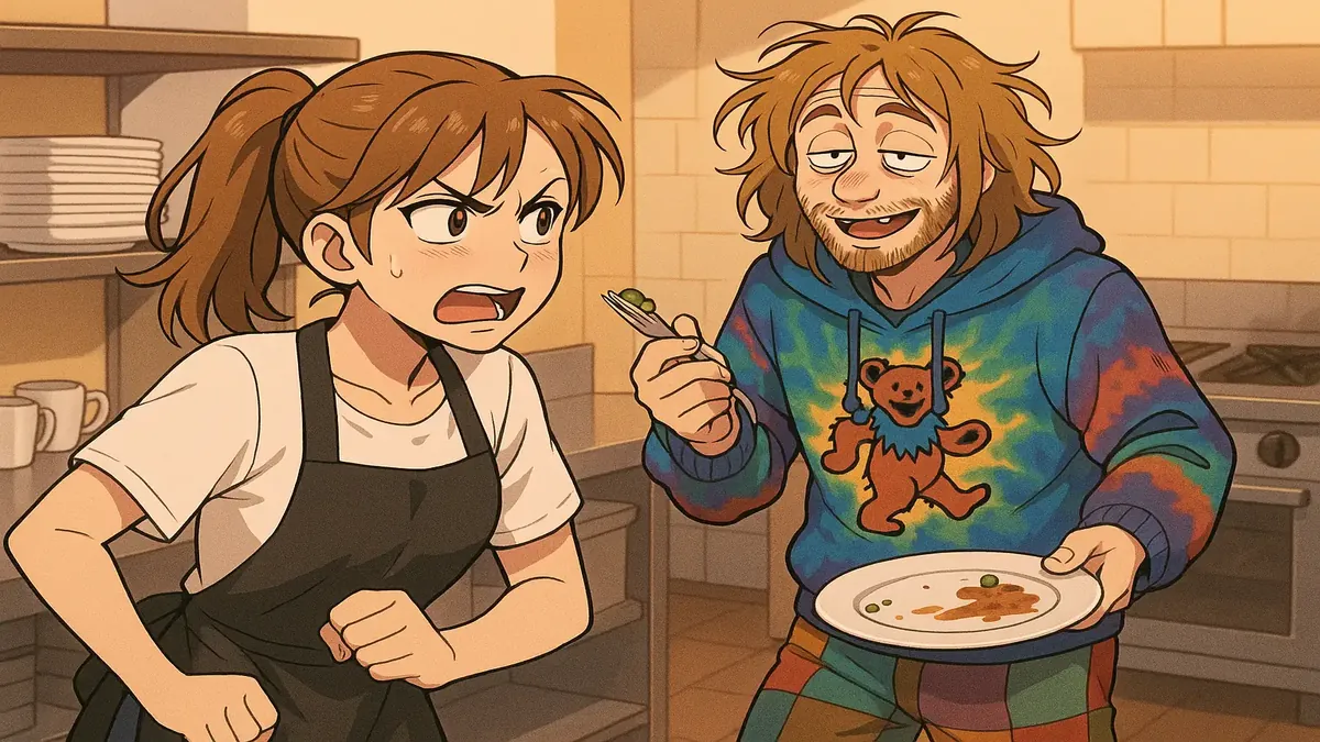 Anime illustration of a messy hippie in a restaurant, embodying chaotic vibes and unkempt style.