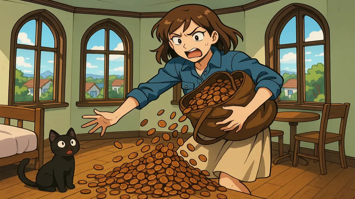 Anime-style illustration of a cozy turret apartment with a cat in the late 90s, reflecting a unique living space.