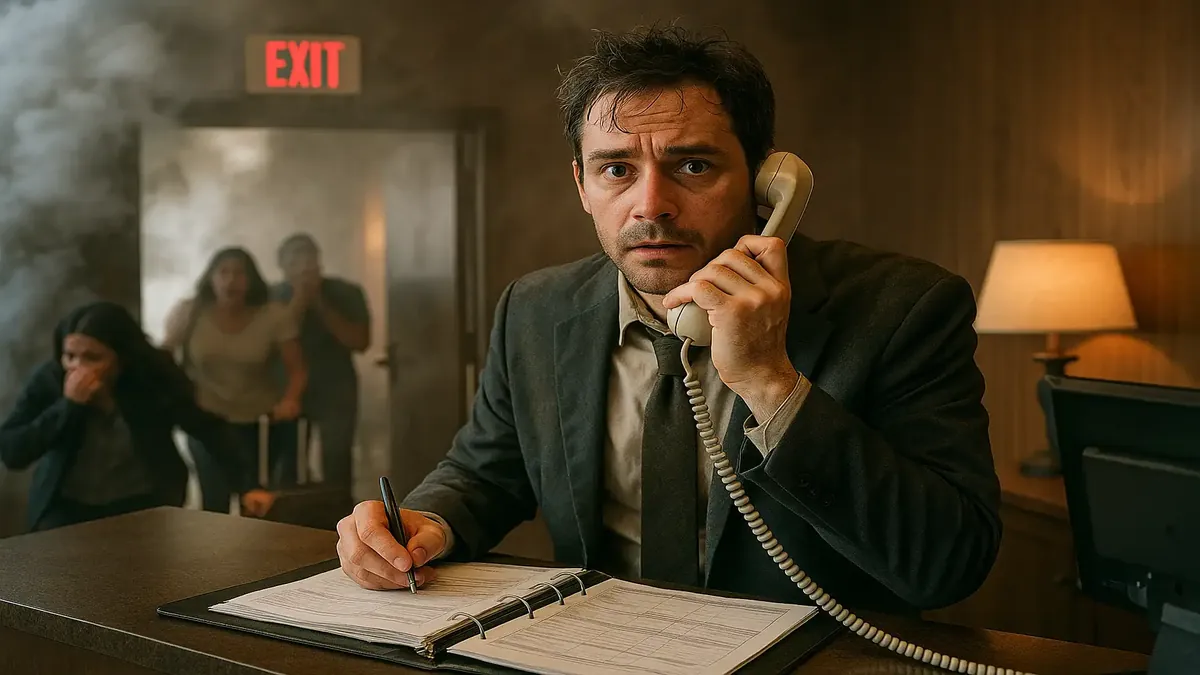 A chaotic scene depicting a stressful work environment during a disastrous weekend at a busy check-in desk.