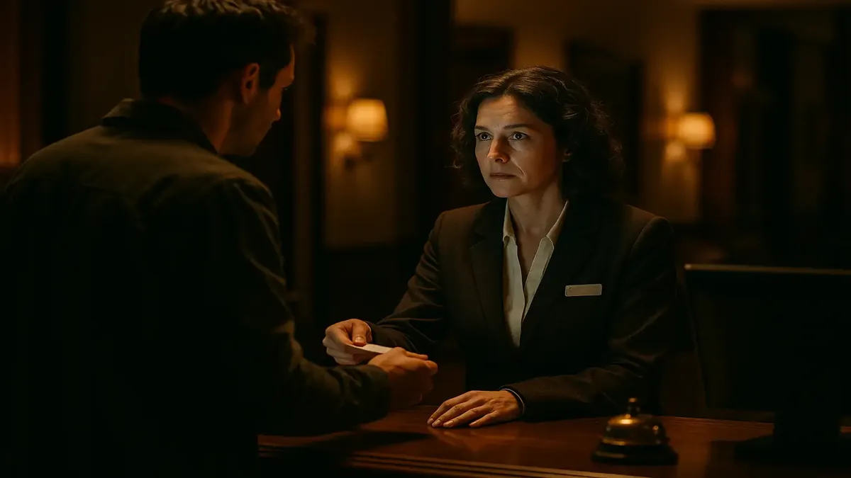 Busy hotel front desk with staff checking in guests at a boutique hotel with 110 rooms.