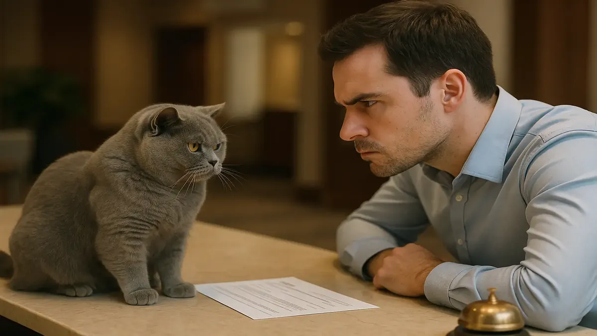 Guest checking in at a hotel, looking confused while holding an expired reservation form.