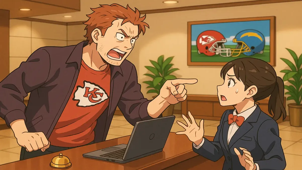 Anime illustration of a frustrated hotel guest upset about missing NFL game coverage on TV.