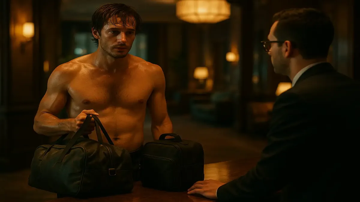 Shirtless man in hotel lobby humorously asks for bag storage, highlighting unexpected hotel experiences.