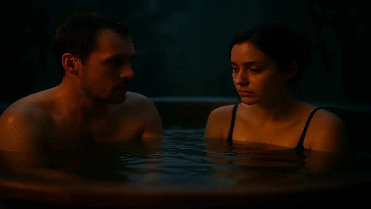 Cinematic view of a couple enjoying a hot tub at a cozy retreat, highlighting current guests' stay experience.