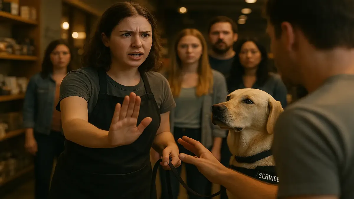 Service dog wearing a vest at a busy workplace, illustrating the importance of recognizing service animals.