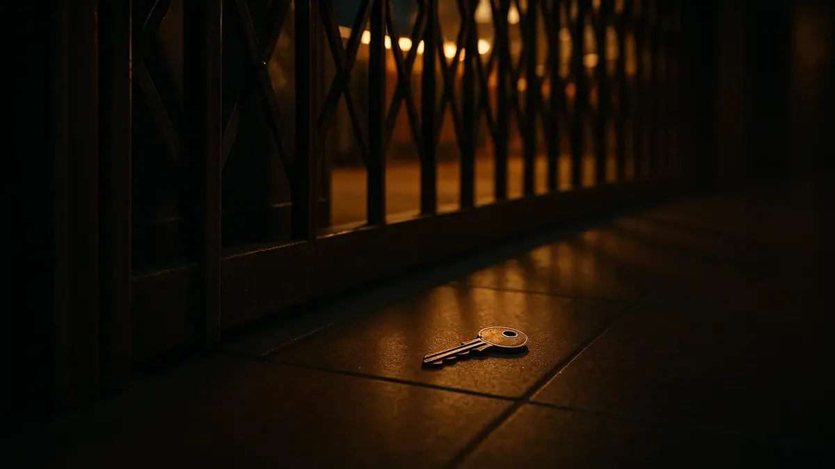 Vintage clothing shop scene with a metal gate and hidden key, capturing 1970s nostalgia.
