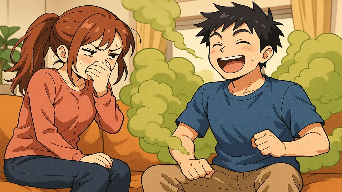 Anime illustration of a humorous couple, with the husband playfully depicted as a 