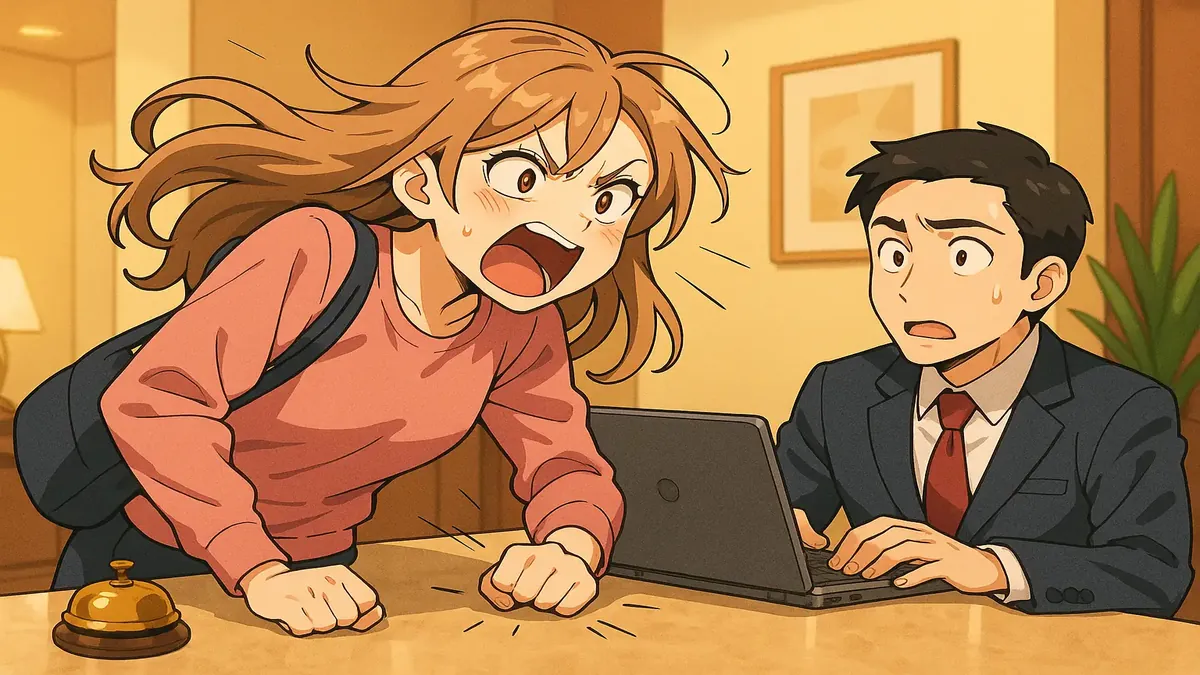 Guests in anime style expressing frustration over repeated room changes at a hotel.