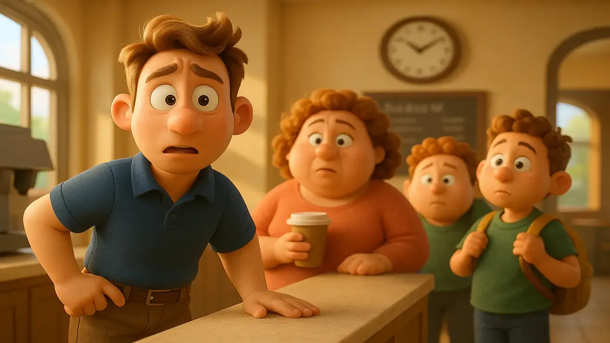 Cartoon 3D illustration of a busy café with early morning customers, capturing the hustle of breakfast rush.