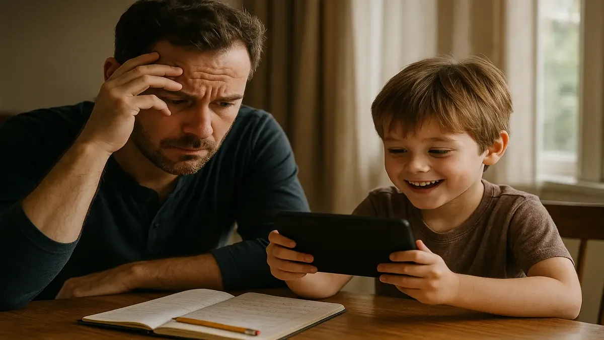A mother watching her son cleverly avoid writing homework, showcasing a playful family dynamic.