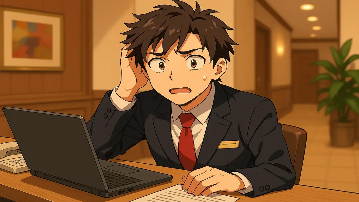 Anime illustration of a front desk agent welcoming guests at a hotel during its soft opening phase in Hungary.