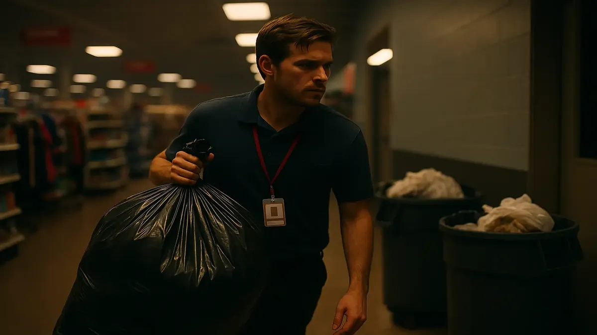Employee handling overflowing trash bins in a big box retail store with a badge visible.
