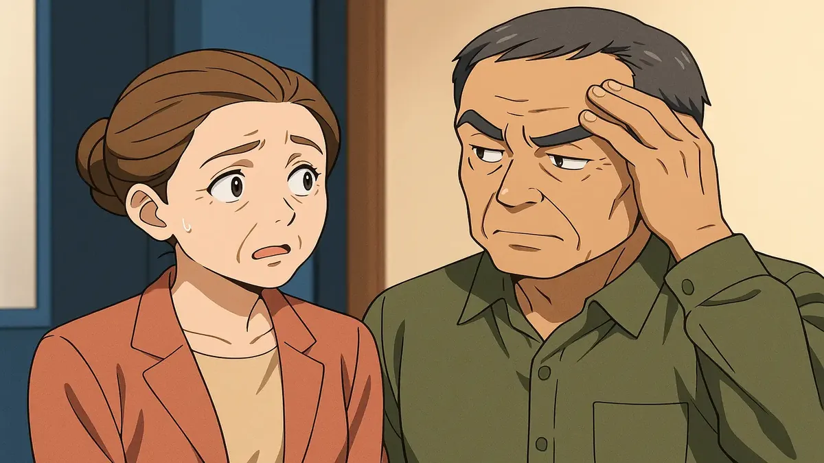 Anime-style illustration of a confused couple in a hotel lobby, highlighting the theme of communication challenges.