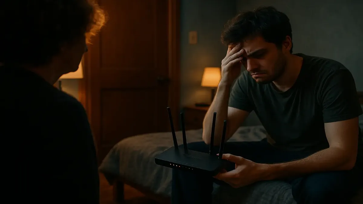 Frustrated sibling confronting an internet-addicted brother in a cinematic room setting.