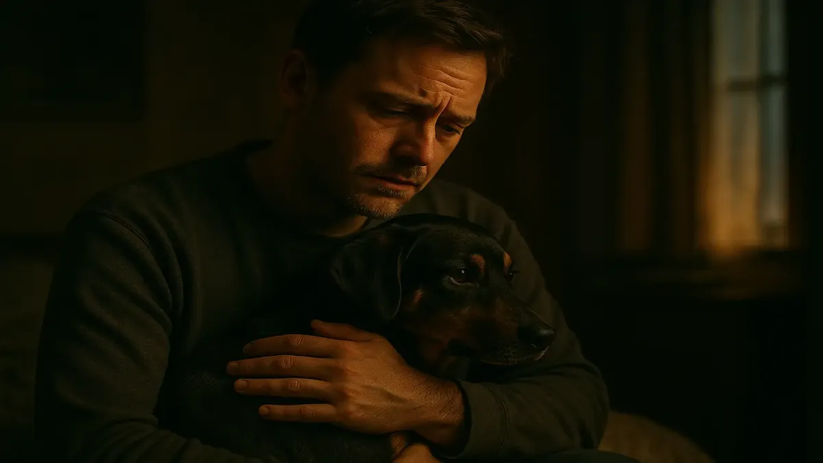 Tired host dealing with long-term guest issues and a pet dog in a cinematic hotel setting.