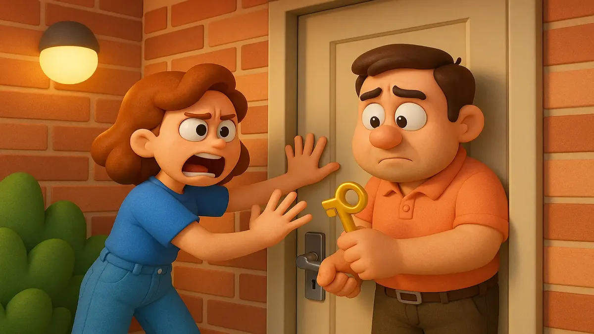 Cartoon-style image of a hotel employee unlocking a door late at night, highlighting late-night access challenges.