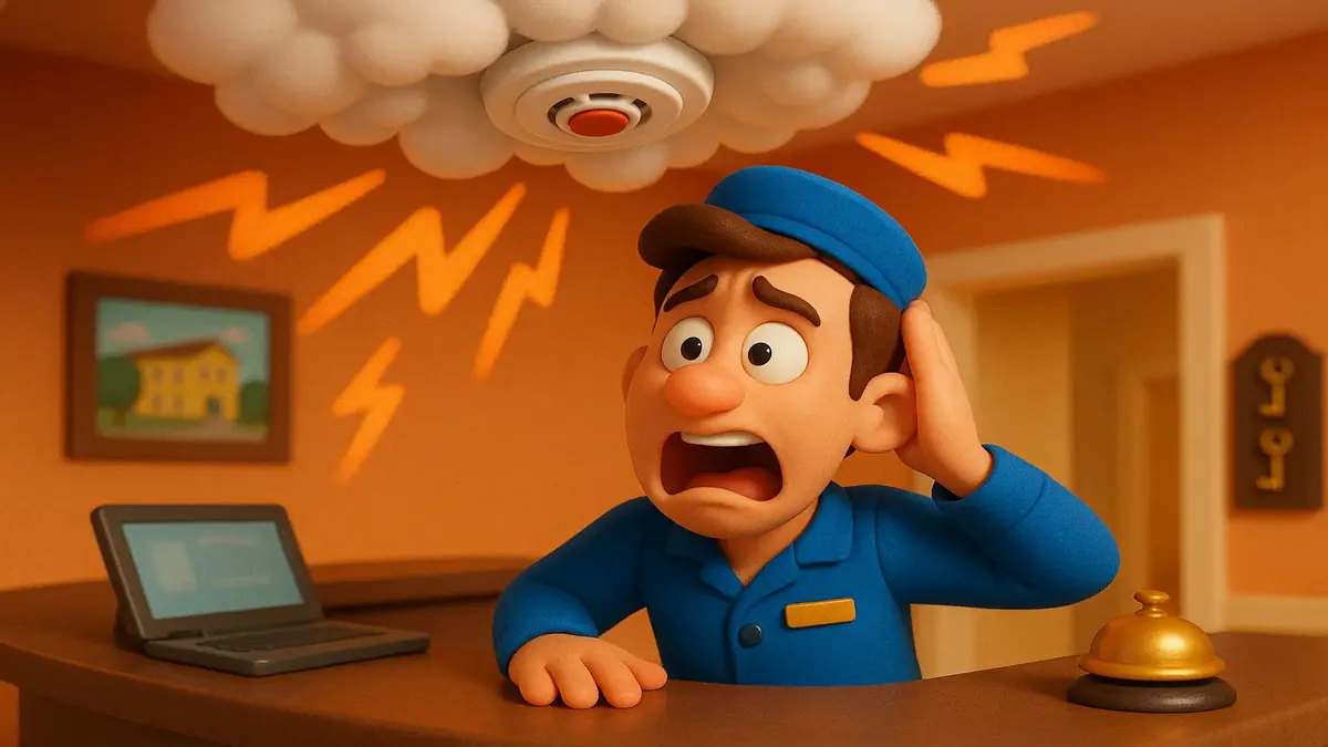 Cartoon 3D illustration of a fire alarm ringing in a hotel room, highlighting monthly false alarms issue.