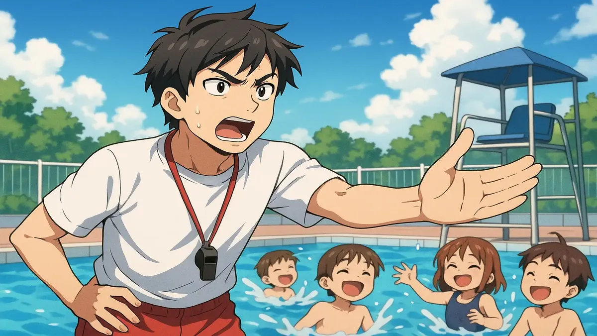 Anime illustration of a lifeguard smiling while children play joyfully in a vibrant pool setting.