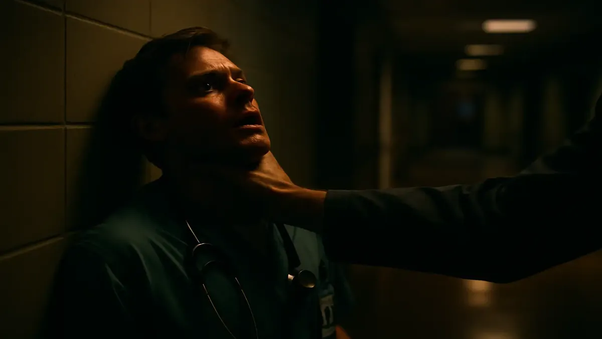 Cinematic image of a nurse's assistant in a tense moment, reflecting on a dangerous experience from years ago.
