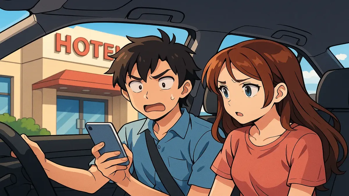 Anime-style illustration of travelers searching for hotels, highlighting the outdated practice of driving between locations.