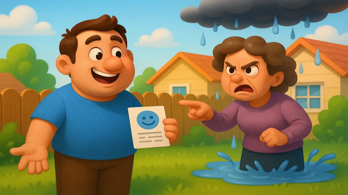 Cartoon 3D illustration of a frustrated neighbor confronting a homeowner over property issues.