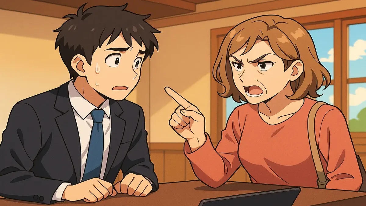Anime-style illustration of a distressed hotel receptionist dealing with a difficult guest.