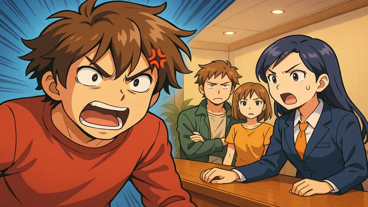 Anime illustration of a frustrated hotel guest at the front desk, capturing moments from a 2000s college town hotel experience.