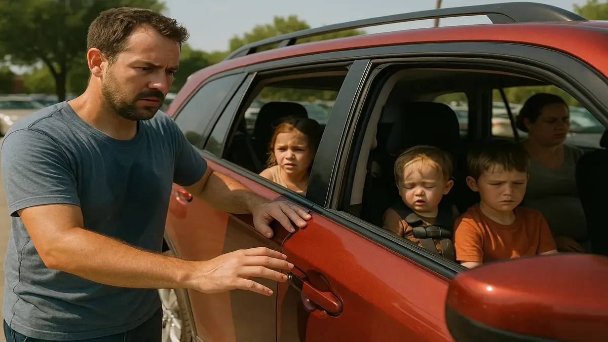 Dad with three kids in a hot Texas parking lot, highlighting the dangers of leaving kids in cars.