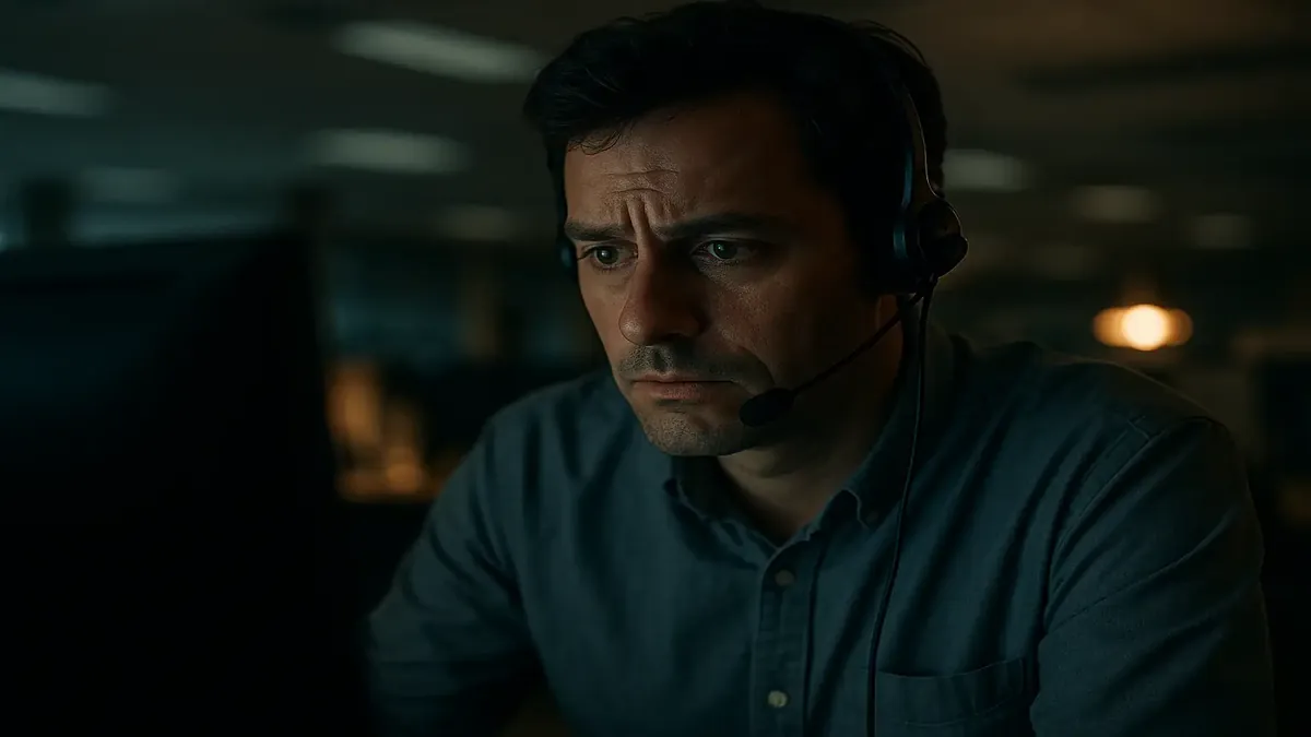 Tech support representative helping an employee over the phone with a frustrated expression in a cinematic style.