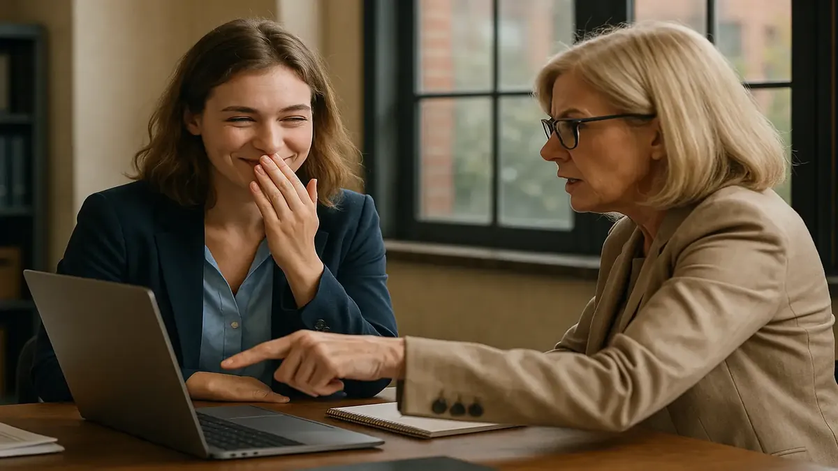 Young recruiter frustrated by micromanaging boss, showcasing workplace tension in a photorealistic scene.