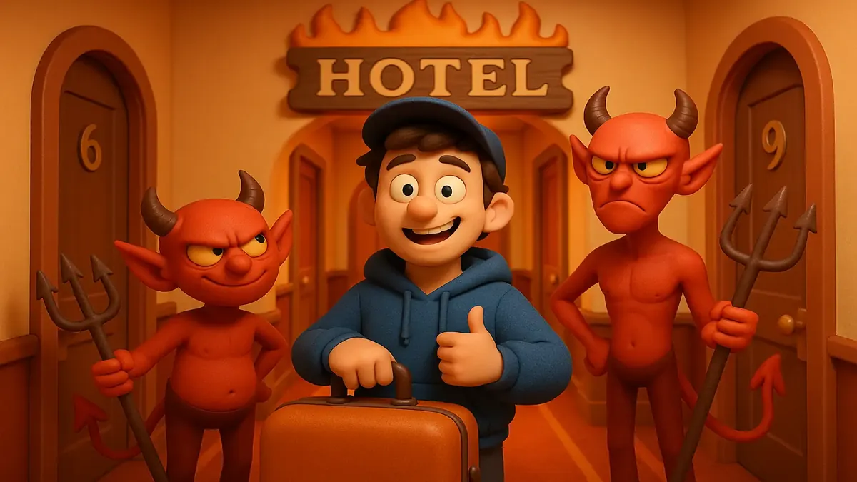 Cartoon-3D illustration of a chaotic hotel scene, reflecting frustration and humor from a vacation gone wrong.