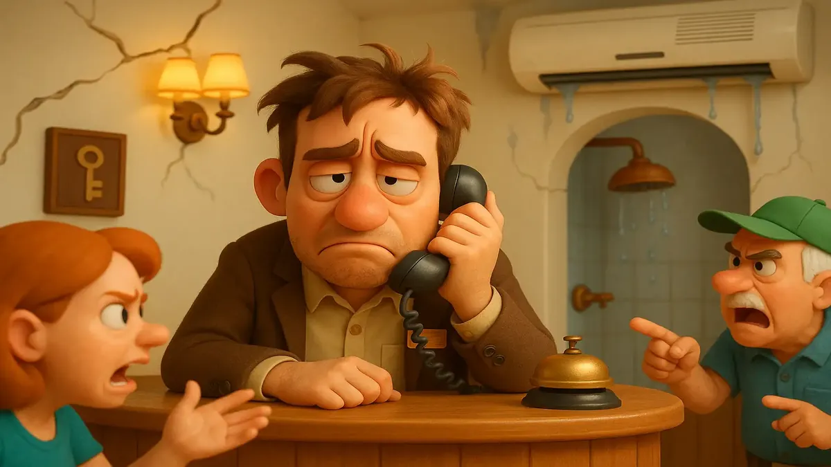 Cartoon 3D image of a weary hotel manager surrounded by repair complaints and a crumbling hotel backdrop.