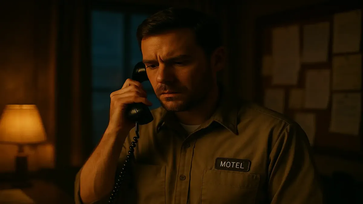 Cinematic image of a frustrated motel employee handling a guest complaint over extra charges.