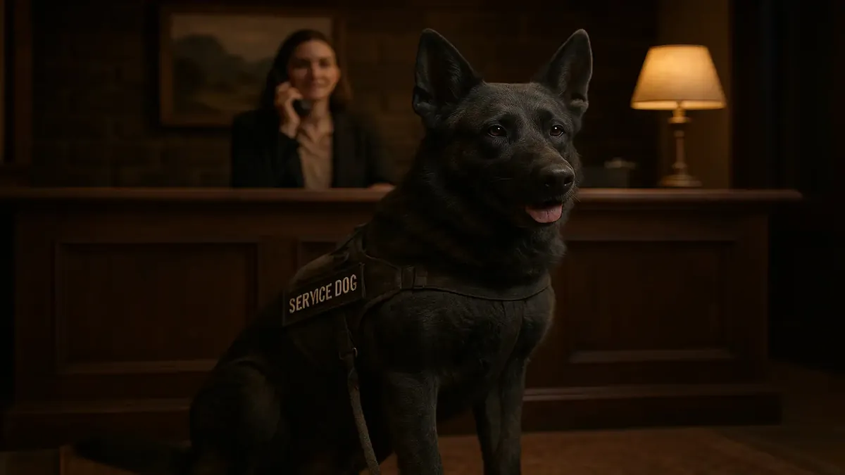 Hotel employee assists a guest with no pets policy, featuring a service dog in a coal mine setting.