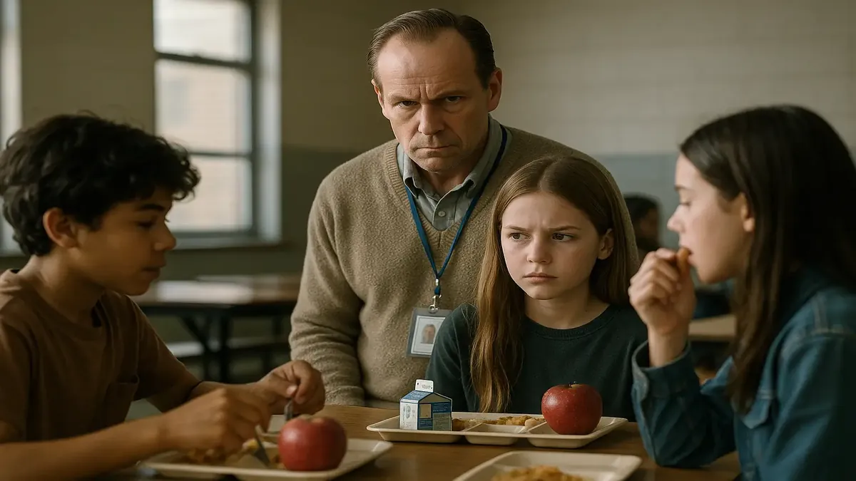 A concerned student watches a lunch monitor, raising suspicions in a school setting.