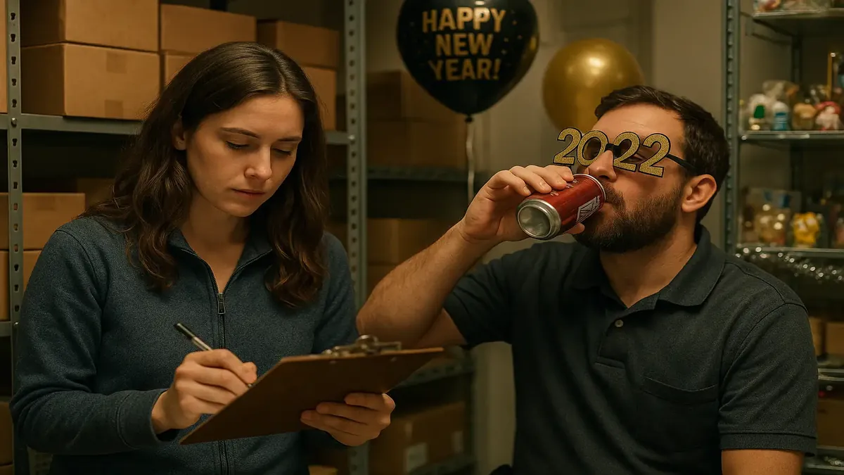 Coworkers counting inventory in a gift shop on New Year's Eve, with expired Dr. Pepper in the background.