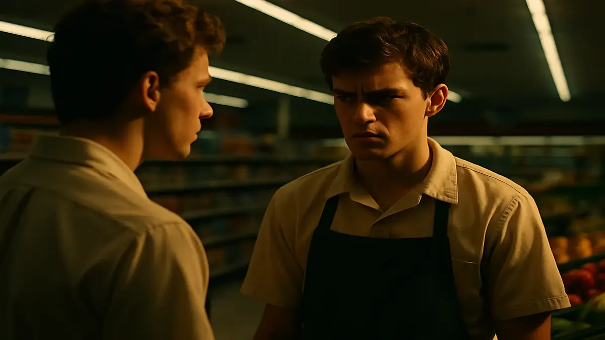 Two young men at a supermarket, sharing a tense moment as bag boys in the late 1980s, captured in a cinematic style.