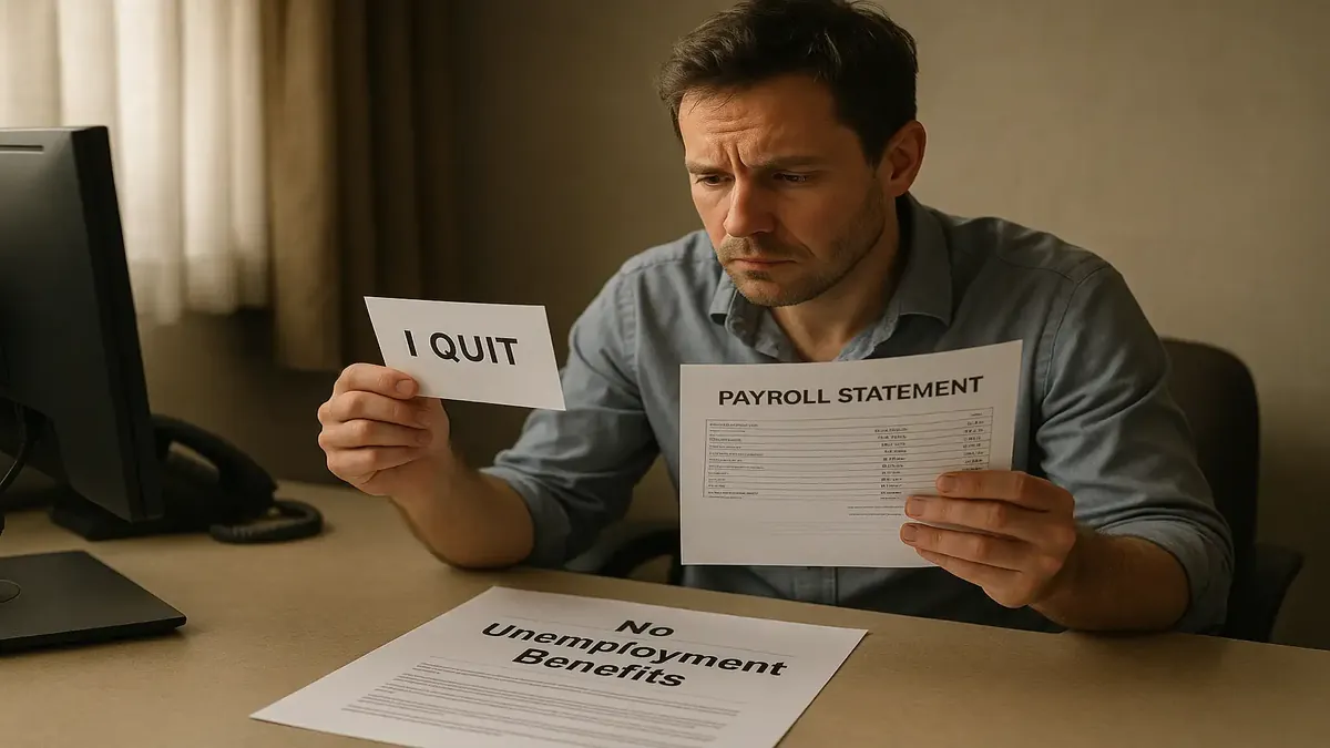 Photorealistic image of a frustrated employee at a hotel desk, highlighting wage theft and overtime issues.